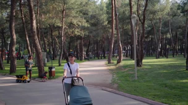 Woman Cap Pushing Stroller Park High Quality Footage — Stock Video