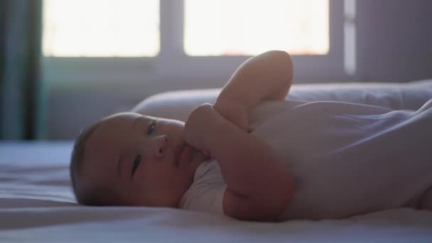 Cute Asian Baby Holding His Hands High Quality Footage — Stock Video