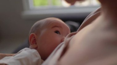 Close up view of Mother breastfeed her baby . High quality 4k footage