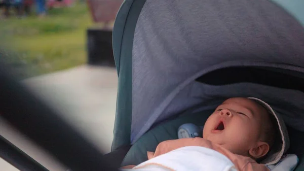 Adorable Baby Lies Stroller While Driving High Quality Footage — Stockfoto