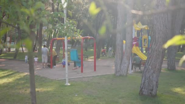 Παιδιά Παίζουν Και Διασκεδάζουν Στην Παιδική Χαρά Στο Πάρκο Υψηλής — Αρχείο Βίντεο