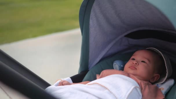 Adorable Baby Lies Stroller While Driving High Quality Footage — Stockvideo