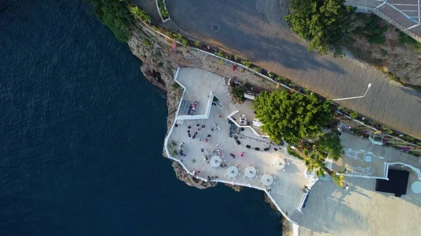 Top Aerial View Island Cliff Curve Road Sea Sunset High Imagem De Stock