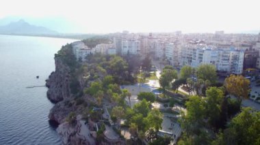 View of the city on the edge of a cliff by the sea. Antalya, Turkey. High quality 4k footage
