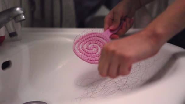 Hair Loss Problem Womans Hand Remove Hair Brush Lots Hair — Stock Video