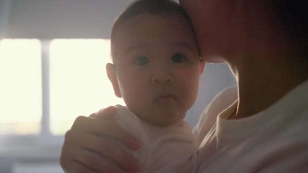 Mother Holds Her Baby Close View Cute Baby Looking Camera — Stockvideo