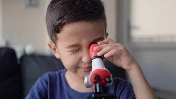 Handsome Preschooler Studies Microcosm Microscope High Quality Footage — Stockfoto