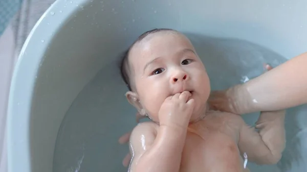 Top View Cute Baby Having Bath Mother Holds Bathes Baby — Fotografia de Stock