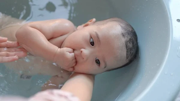 Top View Cute Baby Having Bath Mother Holds Bathes Baby — Stockfoto