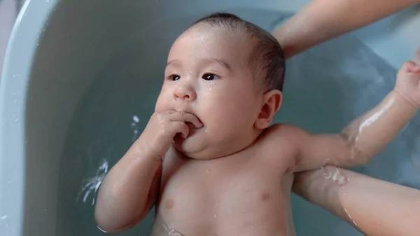 Top View Cute Baby Having Bath Mother Holds Bathes Baby — 스톡 사진