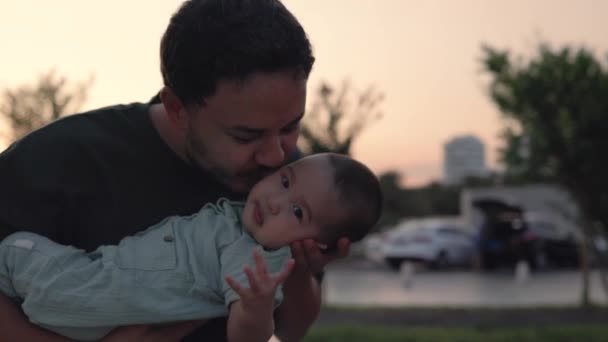 Happy Father Holding Cute Baby Kisses While Laughing High Quality — Vídeo de Stock