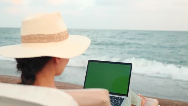 Rear View Freelancer Woman Working Laptop Sea Remote Work Concept — Vídeo de Stock