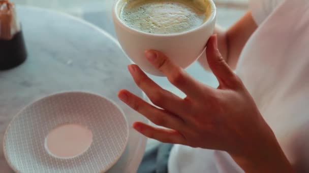 Young Woman Enjoying Matcha Green Tea Latte Latte Art Healthy — Wideo stockowe
