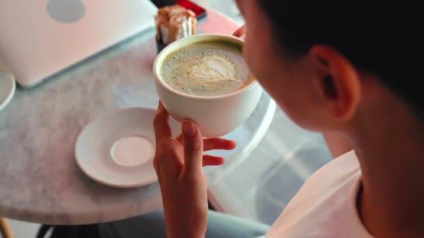 Top View Girl Taking Sip Matcha Green Tea Latte Latte — Stockvideo