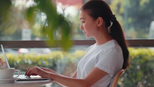 Young Freelancer Woman Typing Laptop Sitting Cafe Remote Work Concept — Vídeo de Stock