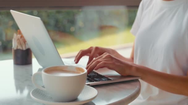 Female Freelancer Hands Typing Laptop Coffee Table High Quality Footage — Video