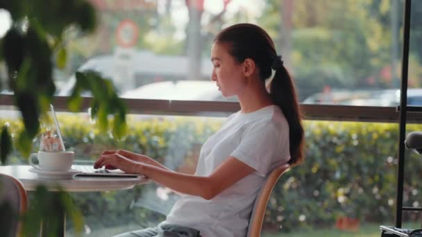 Молодая Женщина Фрилансер Печатает Ноутбуке Сидя Кафе Концепция Удаленной Работы — стоковое видео
