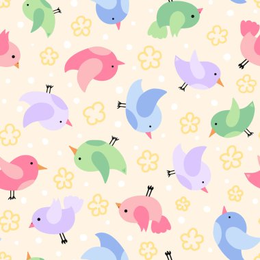 Kuşlar ve çiçeklerle, vektör arkaplanlı şirin, pürüzsüz bir bebek.