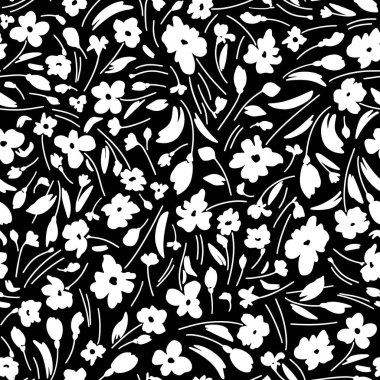 Çiçek ve yapraklı siyah beyaz desenli çiçek deseni