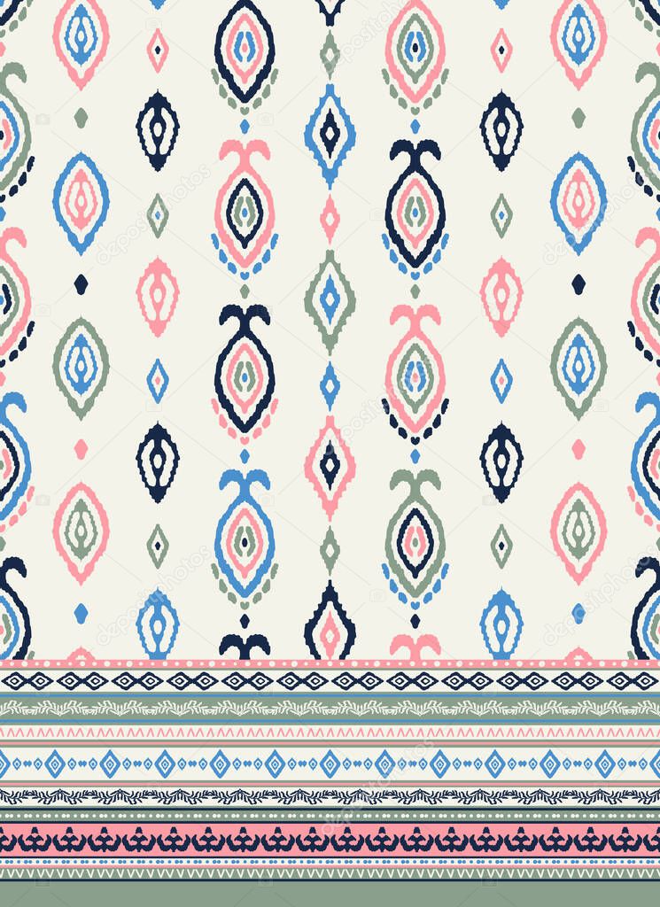 Ikat seamless repeat pattern with stripped border print. Vector, bohemian ethno all over print with vertical lines and repeating elements on white background.