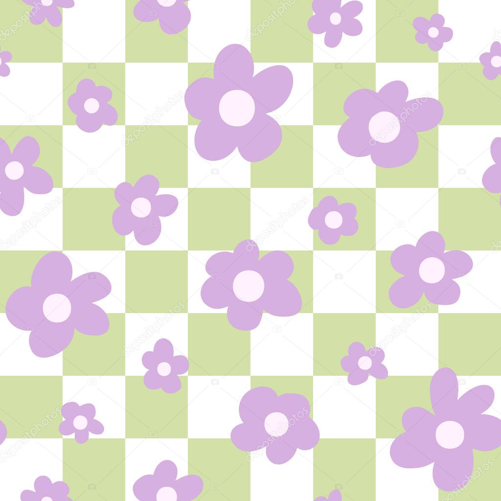 Flower power with check seamless repeat pattern. Retro, hippie vector floral all over surface print on white and green background.