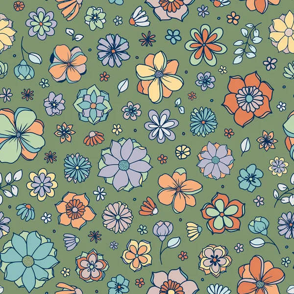Retro Floral Seamless Repeat Pattern Random Placed Vector 70S Hippie — Stockvektor