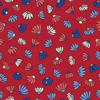 Retro çiçek gücü kusursuz tekrar deseni. Rastgele yerleştirilmiş, 70 'lerin çiçek kafalar kırmızı zeminin her yerinde..