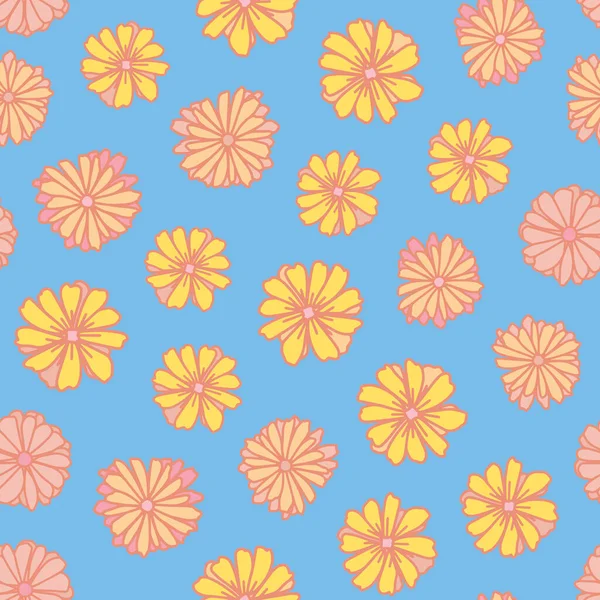 Retro Flowers Seamless Repeat Pattern Random Placed Hand Drawn Vector — Image vectorielle