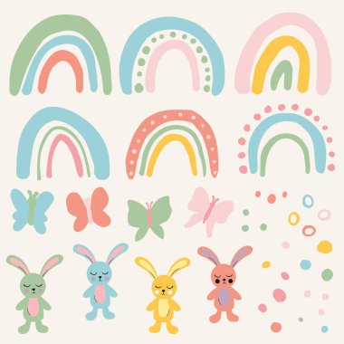 Basit ve şirin gökkuşakları, kelebekler, tavşanlar ve noktalar koleksiyonu. Paskalya grafik simgeleri demeti.