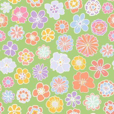 Retro flowers power seamless repeat pattern. Random placed, vector vintage floral all over surface print.