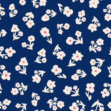 Retro flowers power seamless repeat pattern. Random placed, vector vintage floral all over surface print.