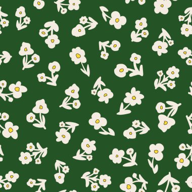 Cute little flowers with leaves seamless repeat pattern. Random placed, vector botany all over surface print on green background.