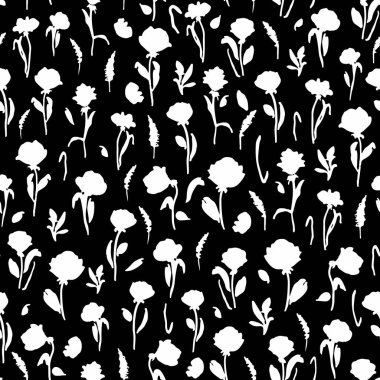 Cute little wild flowers with leaves, seamless repeat pattern. Random placed, vector minimal botany all over surface print on black background.