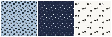 Asgari geometrik şekillerin soyut kümesi kusursuz tekrarlama kalıbı. Mavi ve beyaz arkaplan üzerindeki tüm yüzey üzerindeki vektör dikdörtgenlerinin demeti.