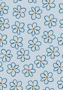 Retro çiçekli, pürüzsüz tekrar deseni. El çizimi, rastgele yerleştirilmiş, vektör çiçek başları koyu mavi arka planda her yerde iz bırakıyor..