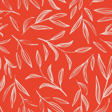 El çizimi, vektör pürüzsüz tekrarlama kalıbı bırakır. Rastgele yerleştirilmiş, botanik bitkiler, turuncu arka planda her yerde parmak izi..