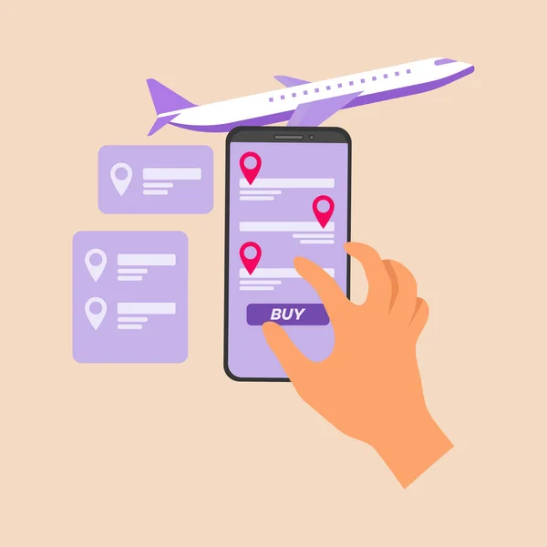 İnternet üzerinden uçak bileti almak için dokunmatik ekranlı cep telefonu kullanan genç bir adam. Düz vektör çizimleri.