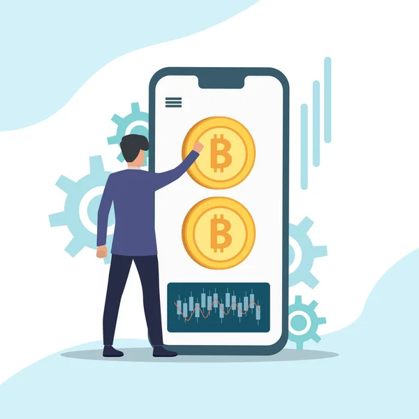 Bir erkek akıllı telefona yapılacak bir sonraki yatırım için hangi bitcoin 'leri alacağını hesaplıyor ve analiz ediyor. Vektör renkli illüstrasyon.
