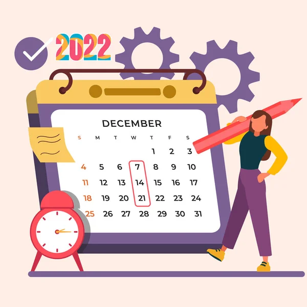 Aralık 'ta 2022 takvimi. Masaüstü Takvimi Vektör Şablonu. Vektör renkli illüstrasyon.