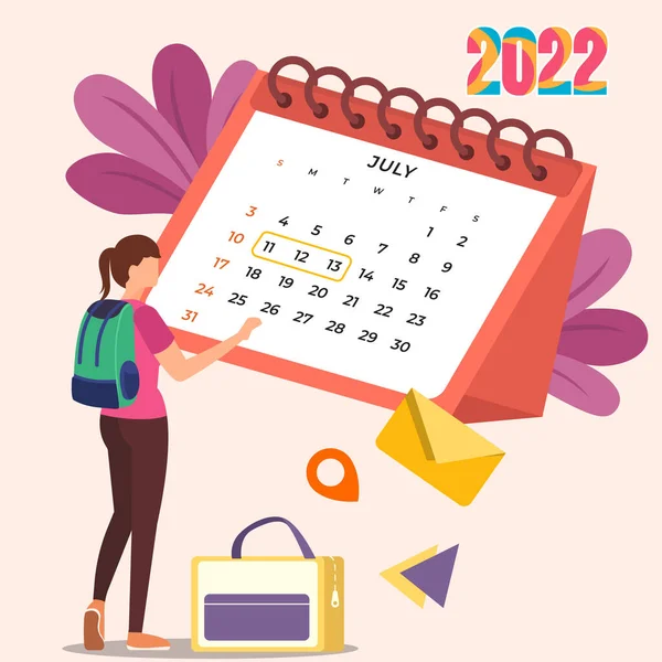 Temmuz 2022 takvimi. Masaüstü Takvimi Vektör Şablonu. Vektör renkli illüstrasyon.