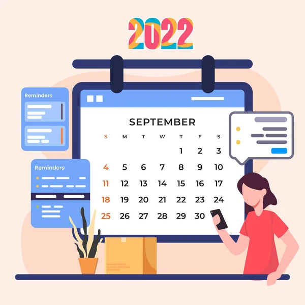 Eylül 2022 takvimi. Masaüstü Takvimi Vektör Şablonu. Vektör renkli illüstrasyon.