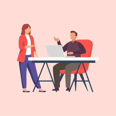 Manager discussing with female employee about business. Vector illustration.