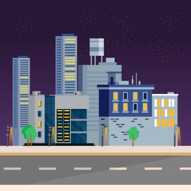 Urban landscape with large modern buildings and a road ahead at night city.