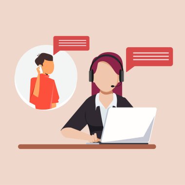 Kulaklıklı genç bir kız bilgisayarının başında oturmuş müşteriyle konuşuyor. Müşteri yardımı, çağrı merkezi, yardım hattı operatörü, teknik destek ve müşteri hizmetleri. Vektör illüstrasyonu.