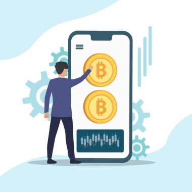 Bir erkek akıllı telefona yapılacak bir sonraki yatırım için hangi bitcoin 'leri alacağını hesaplıyor ve analiz ediyor. Vektör renkli illüstrasyon.