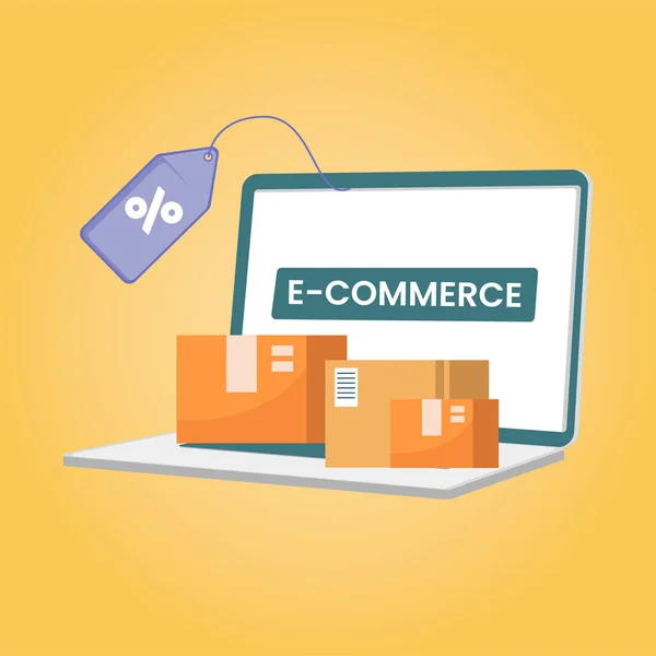 Laptop klavyeli ve indirimli kutular. Çevrimiçi alışveriş, ecommerce ve dağıtım hizmeti kavramı.