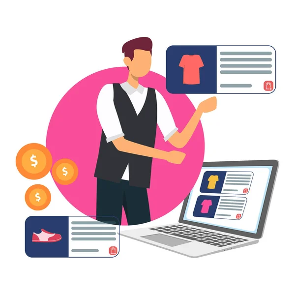 Satış elemanı dizüstü bilgisayarda kıyafet ve ayakkabı dükkanı sunuyor..