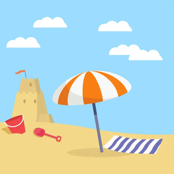 Beautiful Beach Umbrellas Mats Sandcastles Day Vector Illustration — Photo