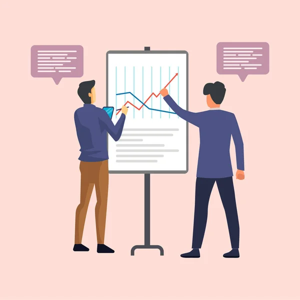 Erkek takım 1 aylık satış grafiğini tartışıyor. İş Ekibi Konsepti.