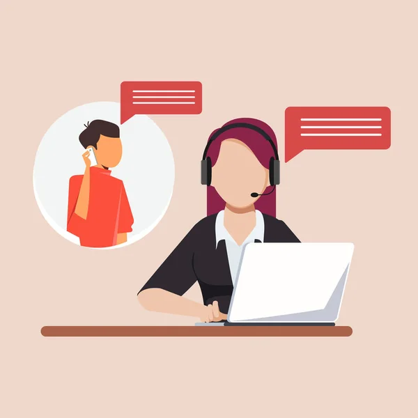 Kulaklıklı genç bir kız bilgisayarının başında oturmuş müşteriyle konuşuyor. Müşteri yardımı, çağrı merkezi, yardım hattı operatörü, teknik destek ve müşteri hizmetleri. Vektör illüstrasyonu.